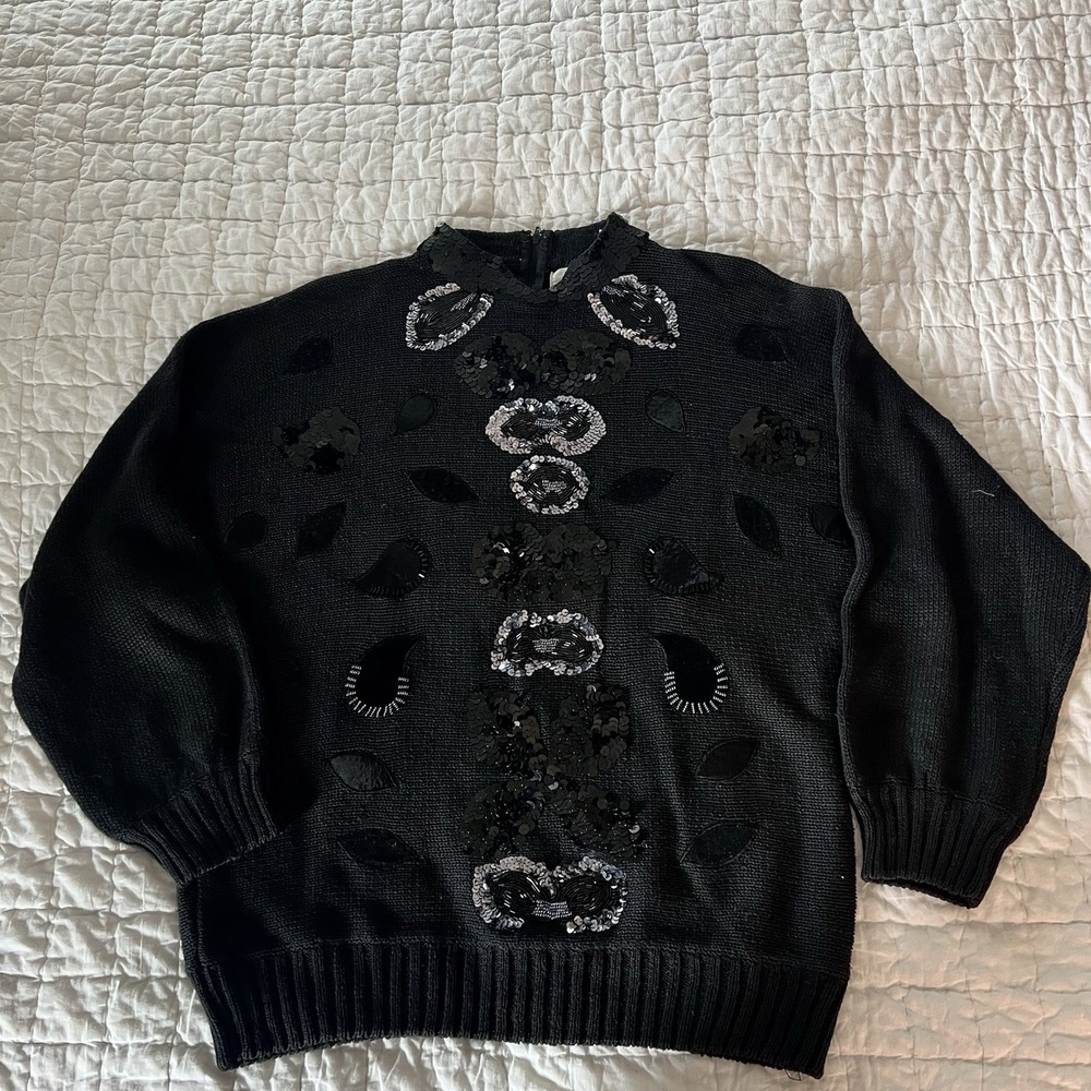 Vintage Bonnie Bill Black Beaded Sweater Sz‎ L Sequins Beads Whimsygoth Glam